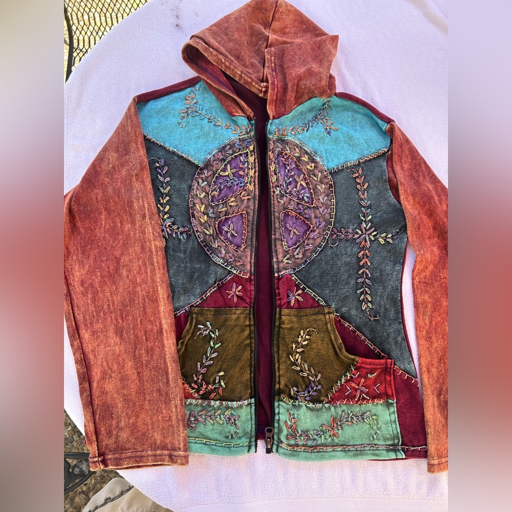 Hippie Boho Cotton Embroidered  Full Zip Jacket Size M